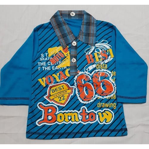 Boys Long Sleeve Checked Collared T-Shirt With Jeans Trouser - Blue