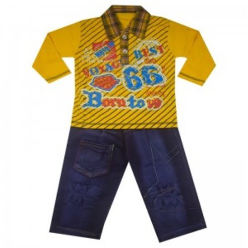 Boys Long Sleeve Checked Collared T-Shirt With Jeans Trouser - Yellow