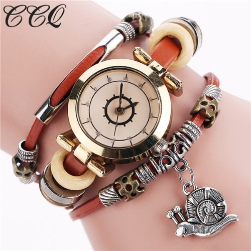 Snail Pendant Women Leather Bracelet Watch - Light Brown