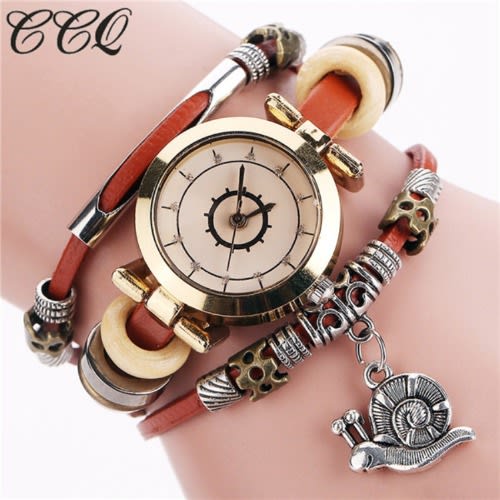 Snail Pendant Women Leather Bracelet Watch - Light Brown