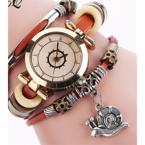 Snail Pendant Women Leather Bracelet Watch - Light Brown