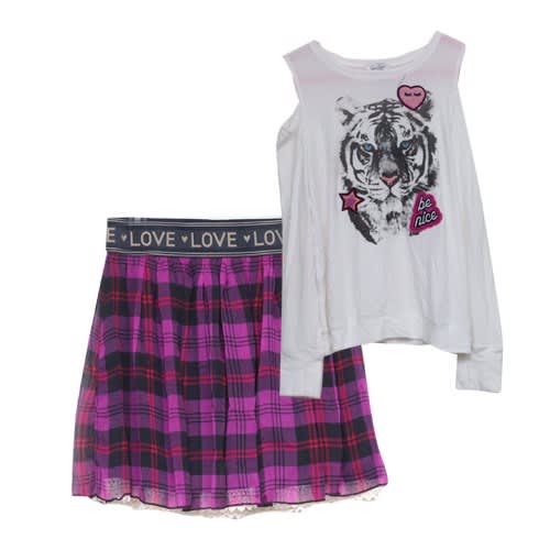 Girls Checkered Skirt And Cold Shoulder Long Sleeve Top - Multicolour