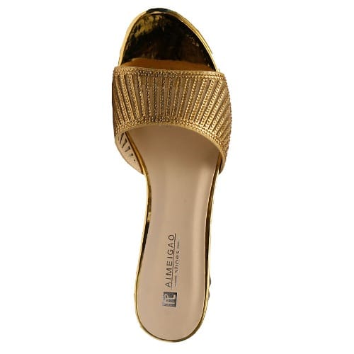Vanessa Laser Cut Studded Slipper With Kiwi Heel - Gold