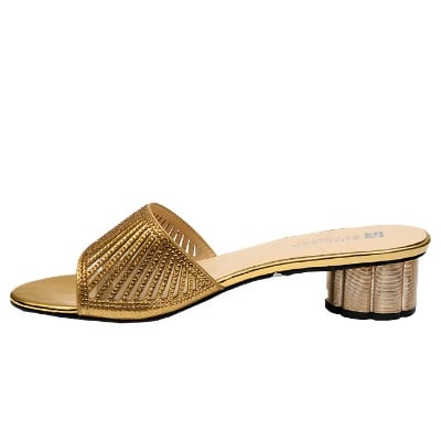 Vanessa Laser Cut Studded Slipper With Kiwi Heel - Gold
