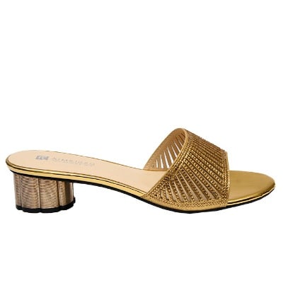 Vanessa Laser Cut Studded Slipper With Kiwi Heel - Gold