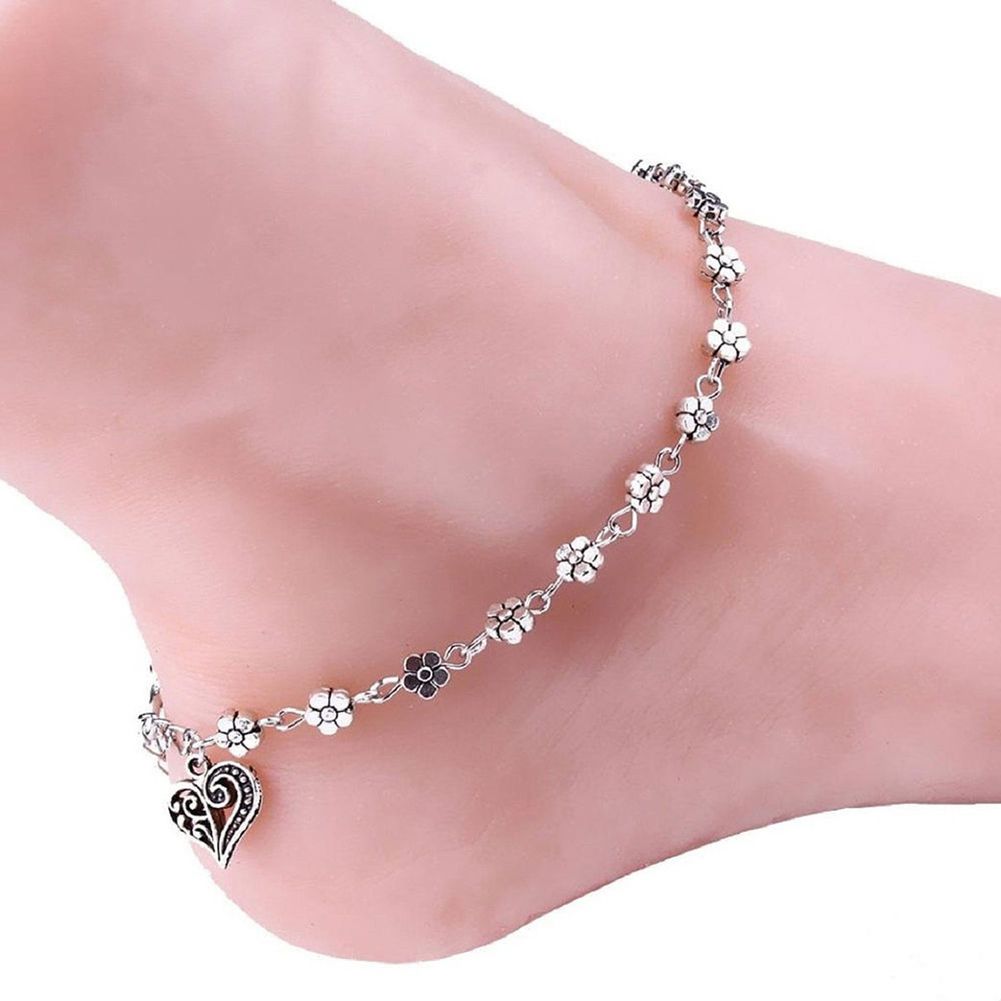 Boho Women Flower Heart Pendant Ankle Foot Bracelet-