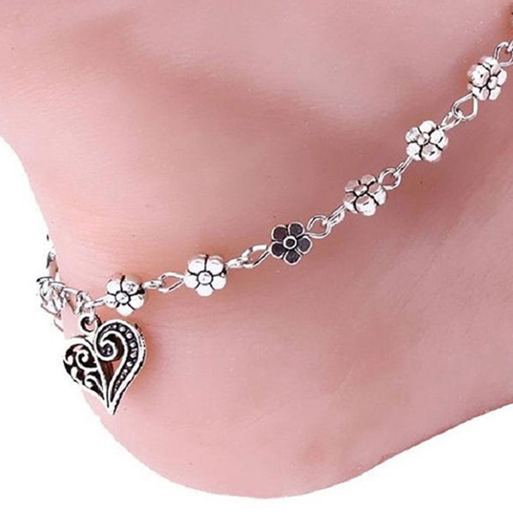 Boho Women Flower Heart Pendant Ankle Foot Bracelet-