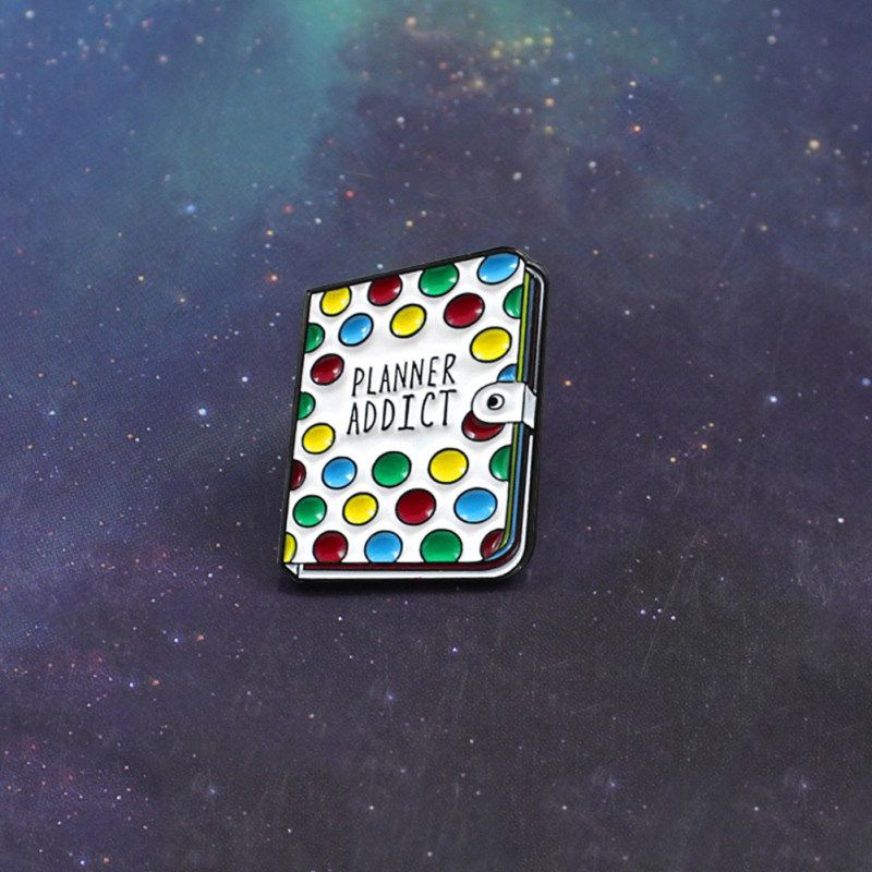 Planner Addict Book Colorful Dots Enamel Brooch Pin Denim-