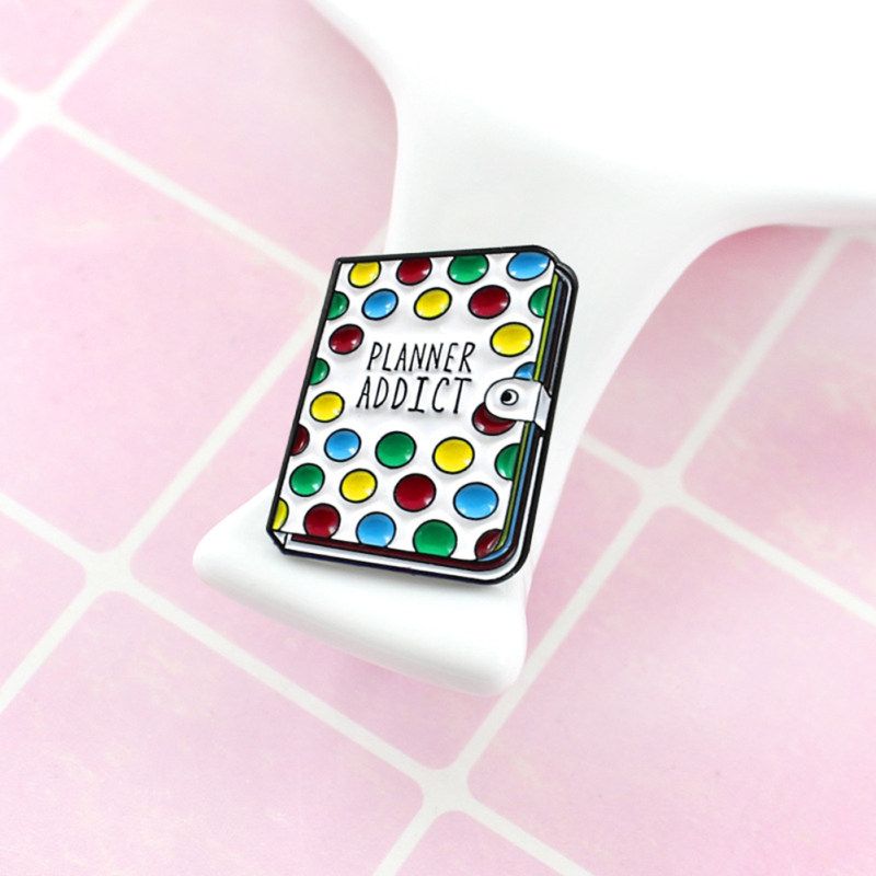 Planner Addict Book Colorful Dots Enamel Brooch Pin Denim-