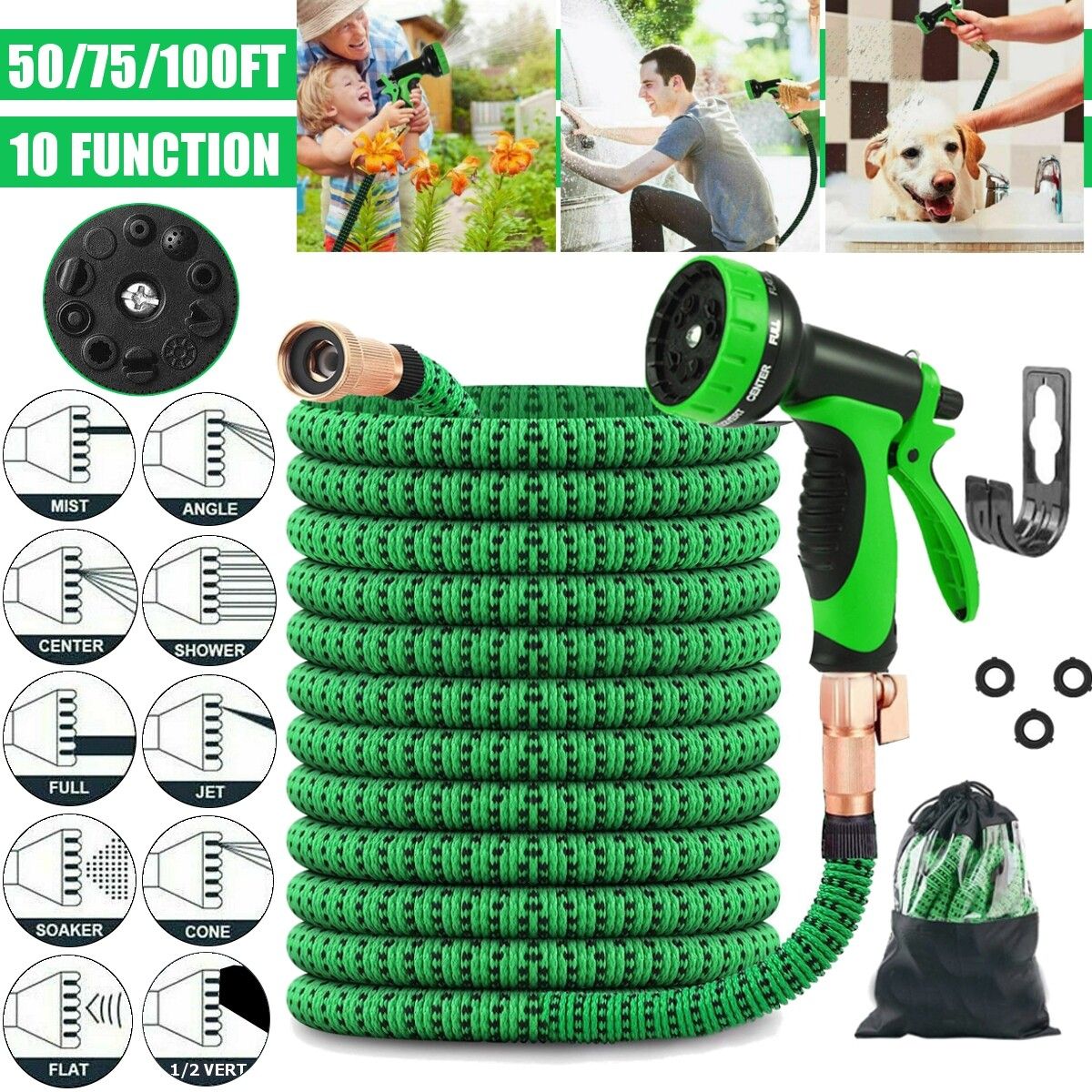50/75/100FT Upgraded Expandable Garden Water Hose Function Spray Nozzle Green 100FT