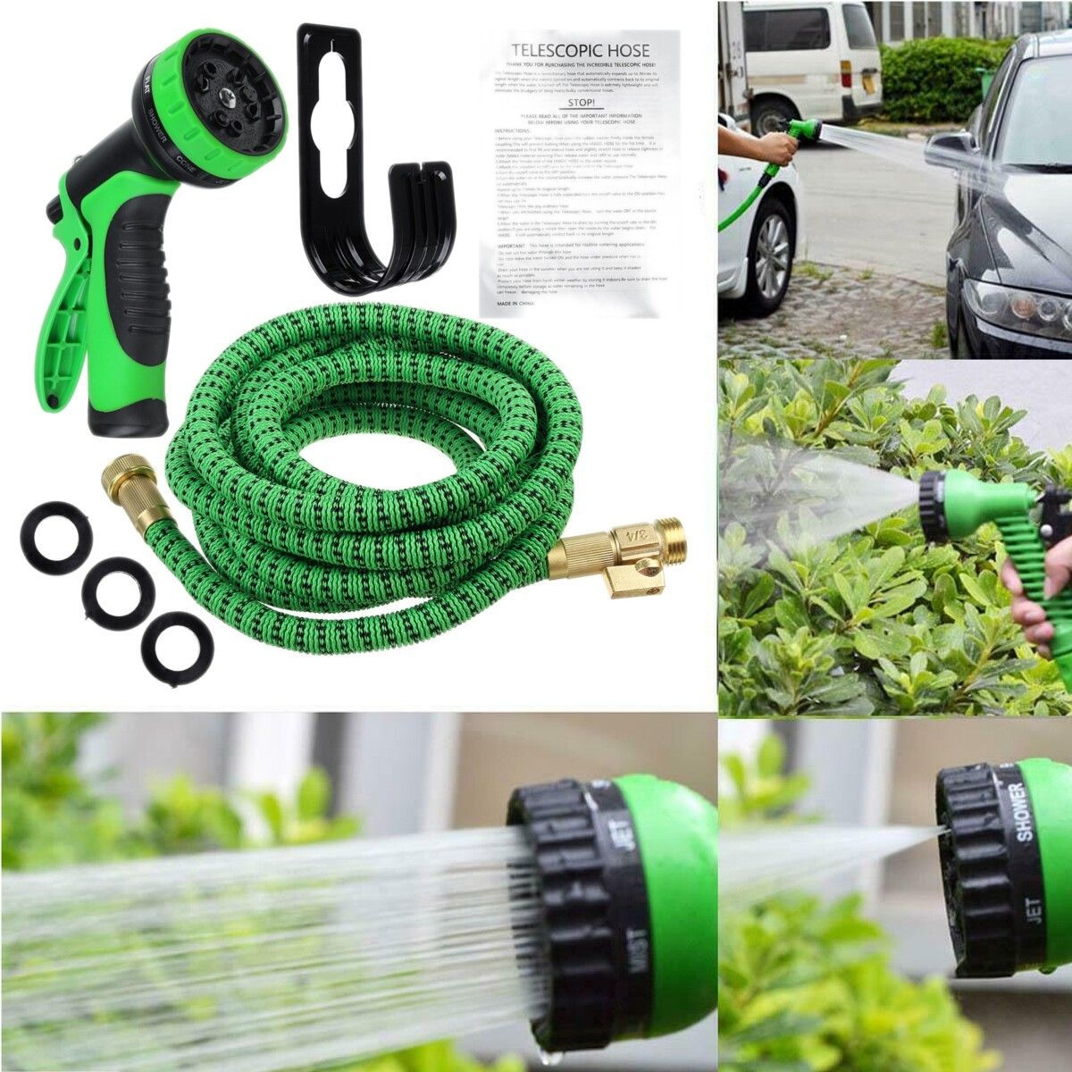 50/75/100FT Upgraded Expandable Garden Water Hose Function Spray Nozzle Green 100FT