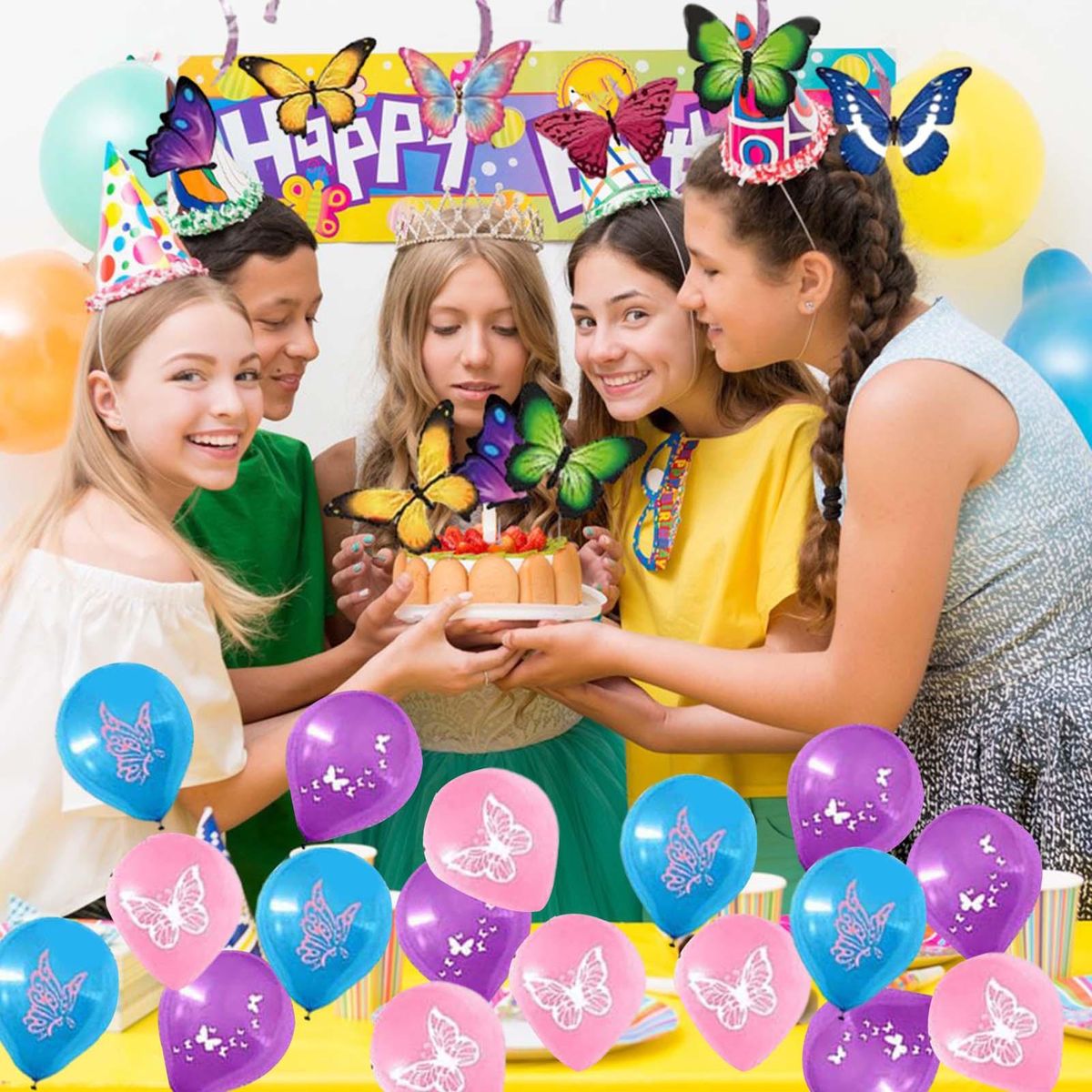 1 Set Birthday Party Props Banner Balloon Cake Topper Set Butterfly Birthday Party Decor
