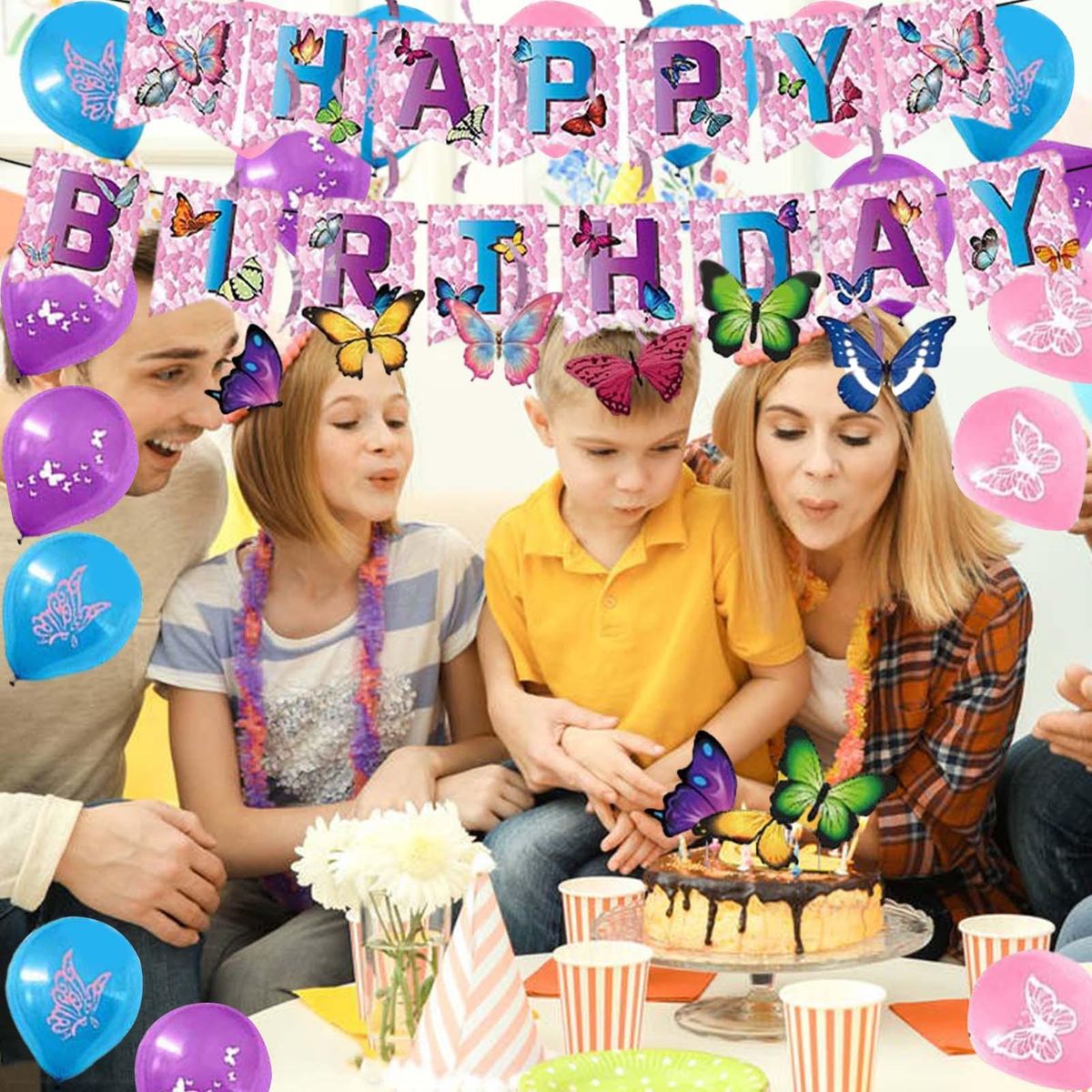1 Set Birthday Party Props Banner Balloon Cake Topper Set Butterfly Birthday Party Decor