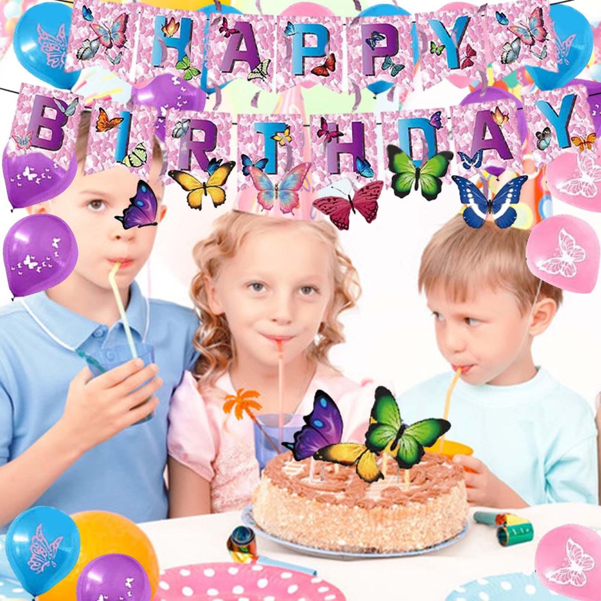 1 Set Birthday Party Props Banner Balloon Cake Topper Set Butterfly Birthday Party Decor