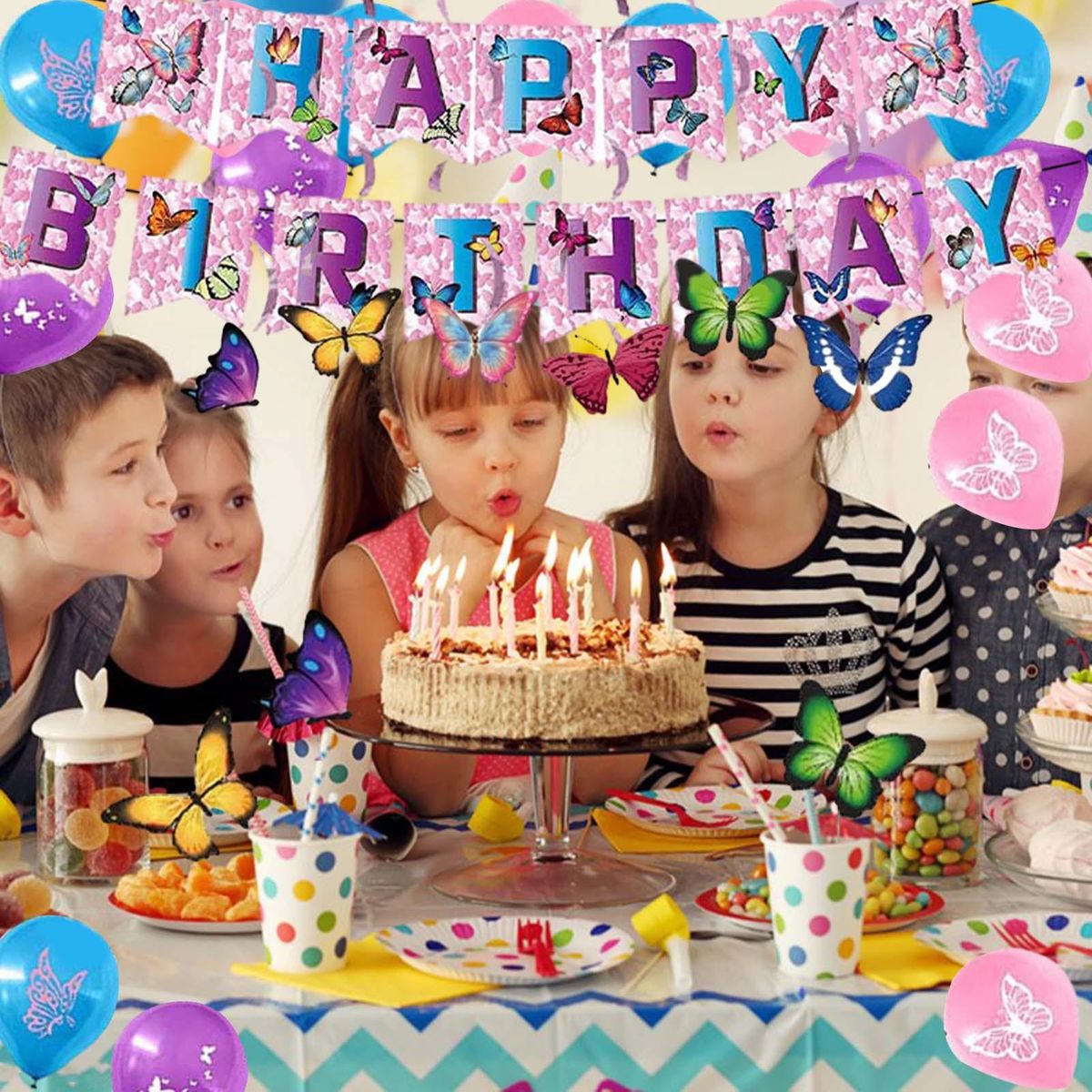 1 Set Birthday Party Props Banner Balloon Cake Topper Set Butterfly Birthday Party Decor