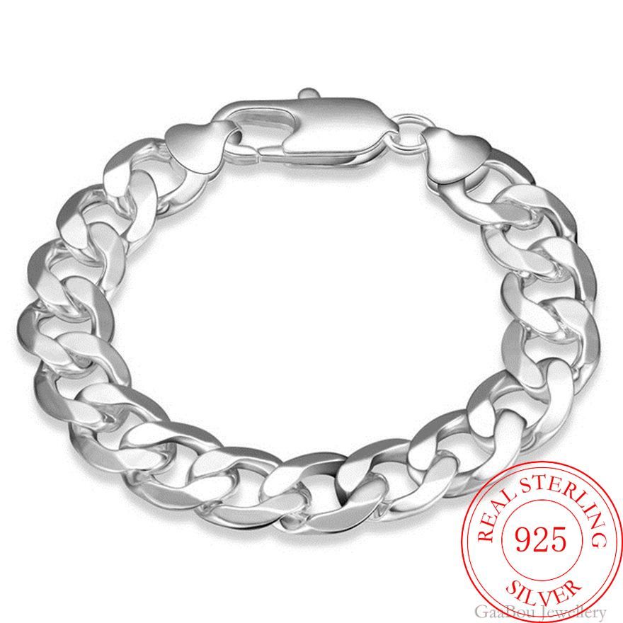 Men's Bracelets 925 Sterling Silver 12mm Curb Cuban Chain Bracelet Luxury Fashion Jewelry Male Gift
