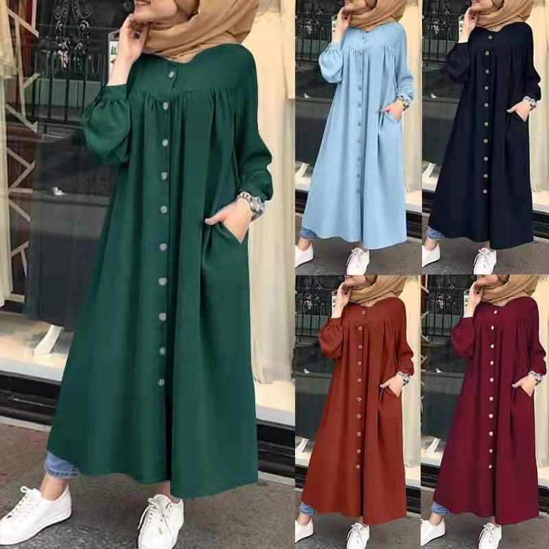 New Cross-Border Women's Clothing Muslim New Solid Color Long Sleeve Pocket Button Shirt Dress Casual Robe