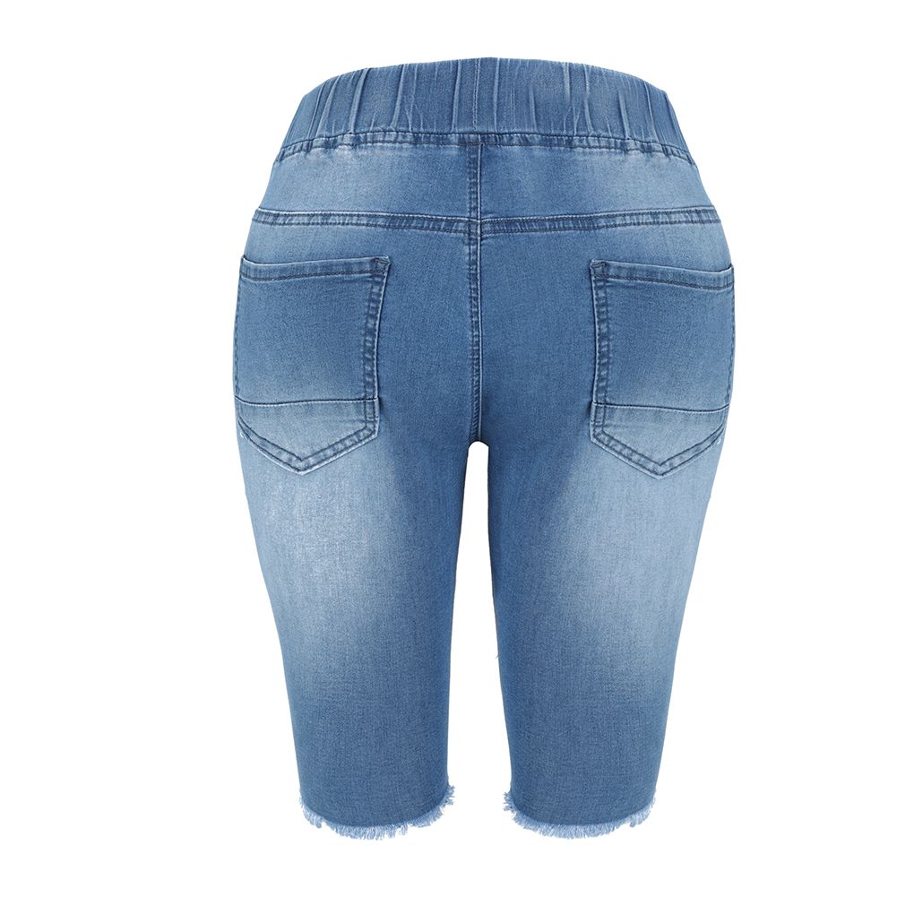 (Blue)Summer Denim Ripped Bermuda Shorts Women Blue Drawstring Closure Distressed Knee Length Stretch Short Jeans DOU
