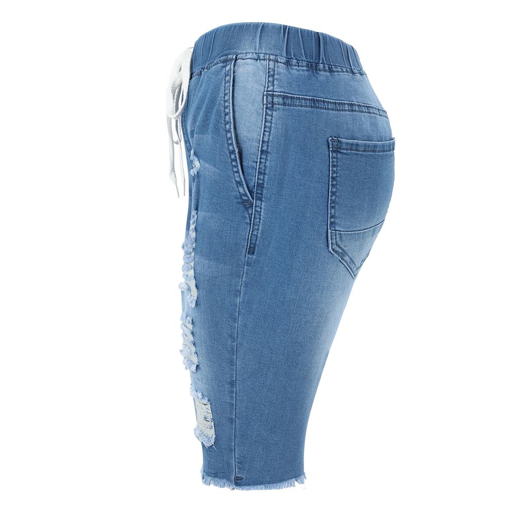 (Blue)Summer Denim Ripped Bermuda Shorts Women Blue Drawstring Closure Distressed Knee Length Stretch Short Jeans DOU