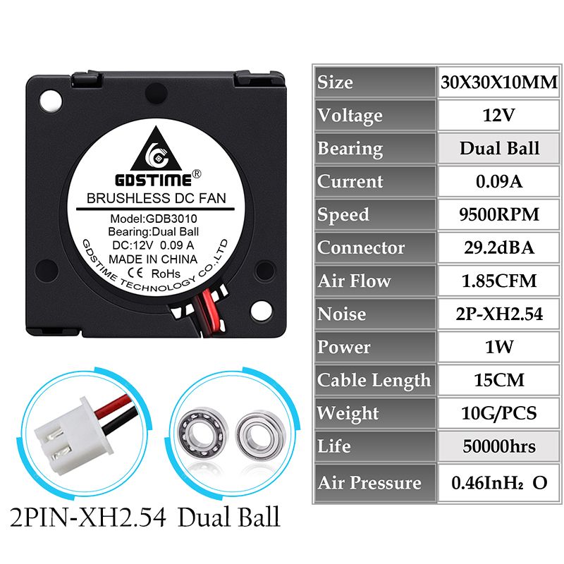 2 Pieces Gdstime 30x30x10mm Sleeve Dual Ball 1 Inch Small Mini Blower Cooling Fan 30mm X 10mm 3cm 3010 3D Printer 12V Dual Ball XH2.54