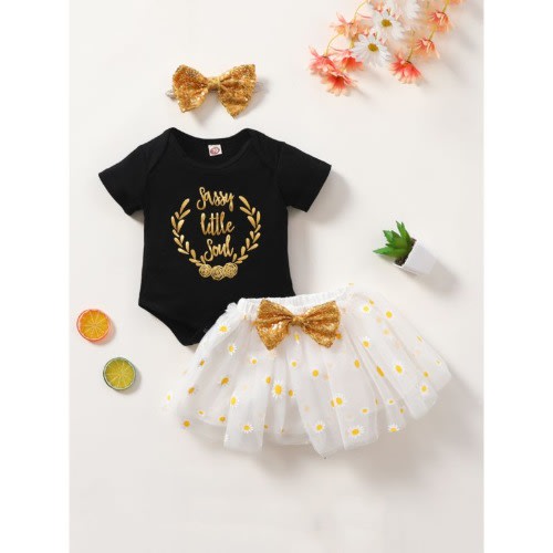 3 Pcs Babygirl  Onesie Daisy Flower Mesh Sequins Skirts With Headband Set