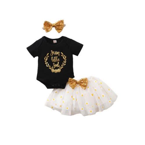 3 Pcs Babygirl  Onesie Daisy Flower Mesh Sequins Skirts With Headband Set