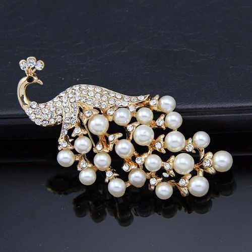 Jewelry Peacock White Pearl Imitation Woman Brooch Gold