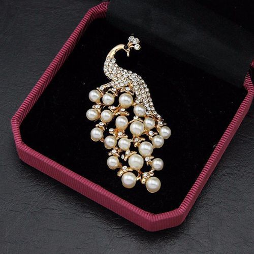Jewelry Peacock White Pearl Imitation Woman Brooch Gold