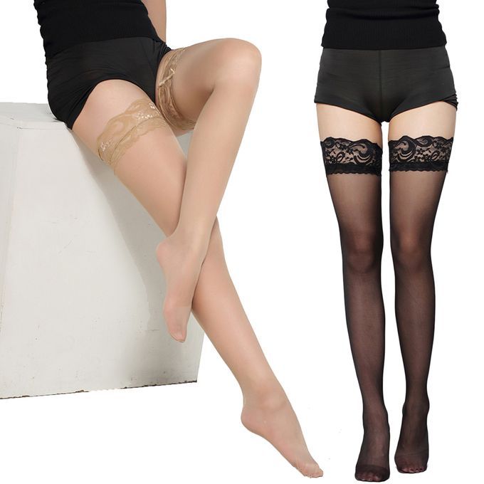Sexy Ladies Sheer Lace Top Thigh High Elasticated Hold Up Black