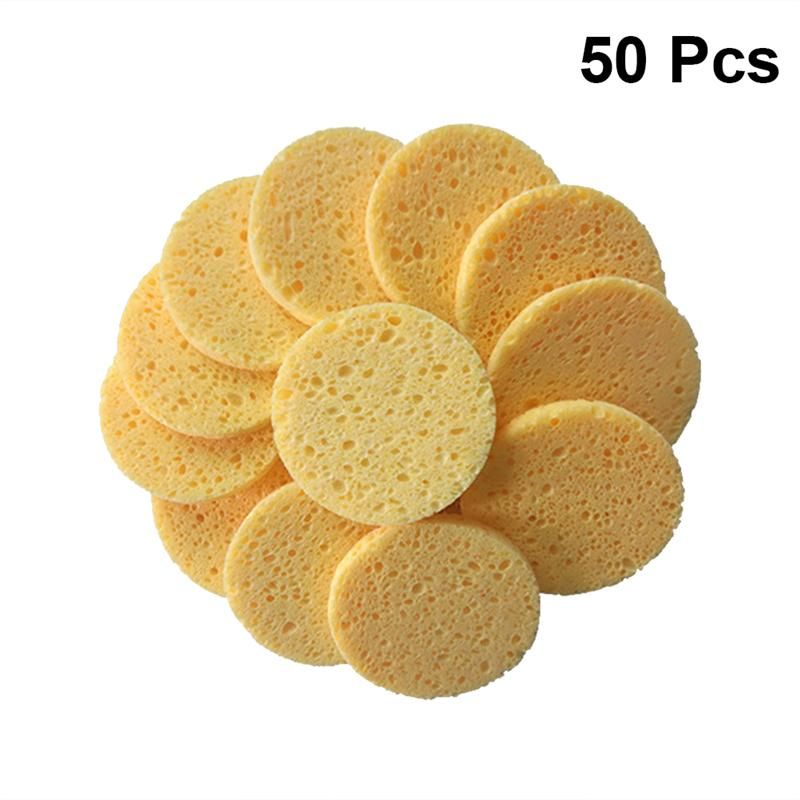 50pcs Natural Wood Pulp Facial Washing Sponges Cellulose Compress Cosmetic Puff Face Care Cleansing Makeup Remover Tools 70&times;8mm Yellow