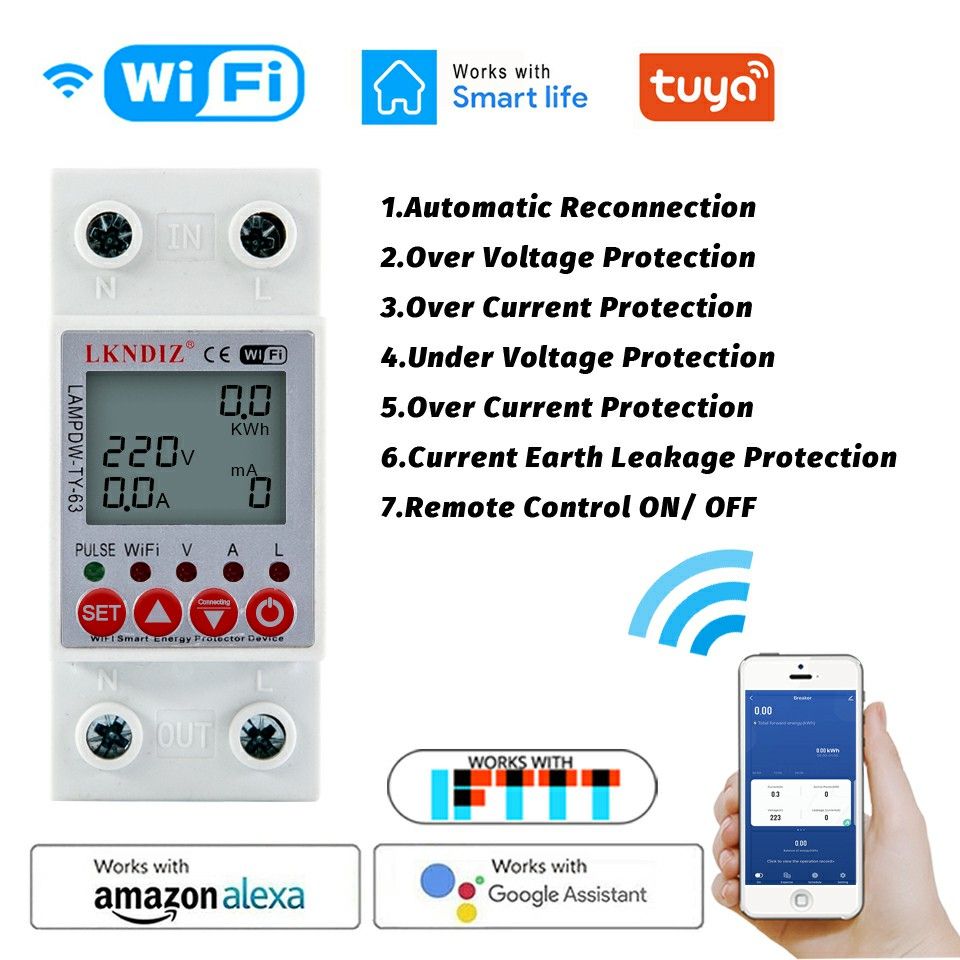 63A TUYA APP 2P WiFi Smart Circuit Earth Leakage Over Under Voltage Protector Relay Device Switch Breaker Energy Power KWh Meter