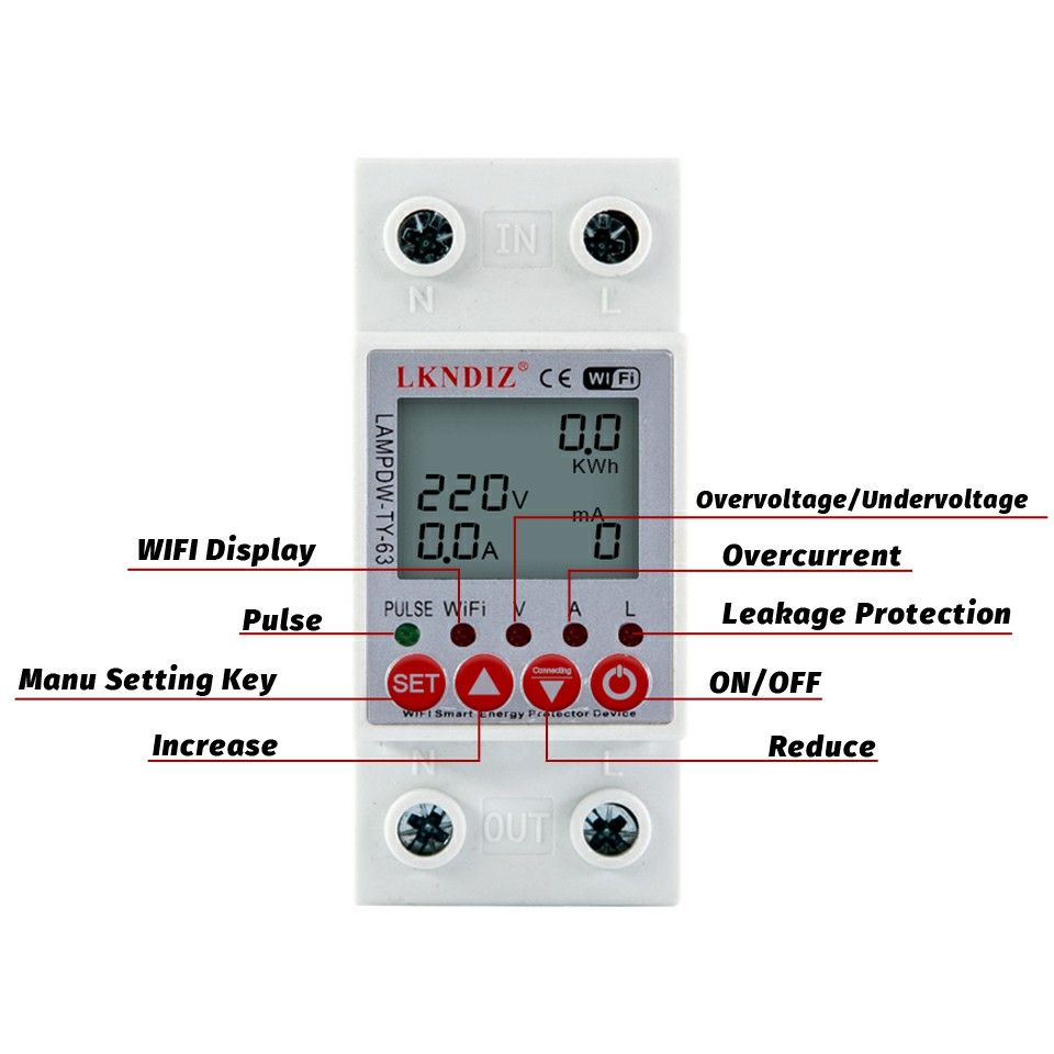 63A TUYA APP 2P WiFi Smart Circuit Earth Leakage Over Under Voltage Protector Relay Device Switch Breaker Energy Power KWh Meter