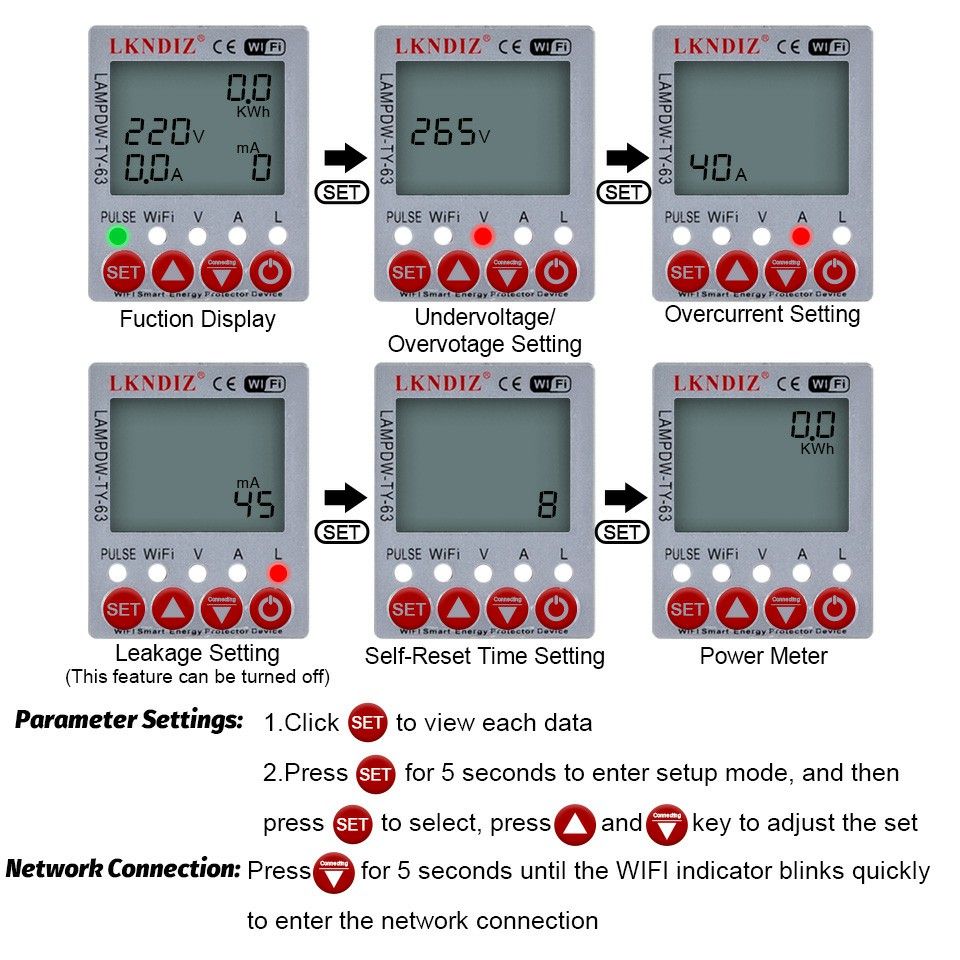 63A TUYA APP 2P WiFi Smart Circuit Earth Leakage Over Under Voltage Protector Relay Device Switch Breaker Energy Power KWh Meter