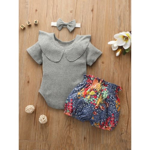 3 Pieces Baby Girl Doll Collar Ribbed Onesie & Floral Print Shorts & Headband Set