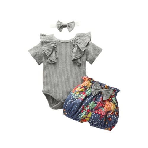 3 Pieces Baby Girl Doll Collar Ribbed Onesie & Floral Print Shorts & Headband Set