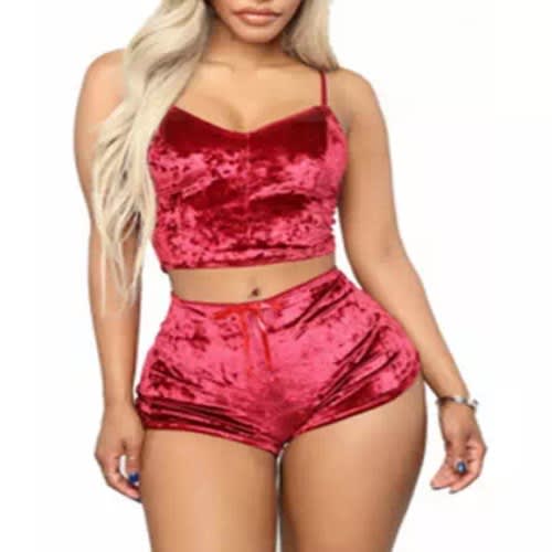 Set Of Ladies Lingerie Velvet Sleepwear - Red