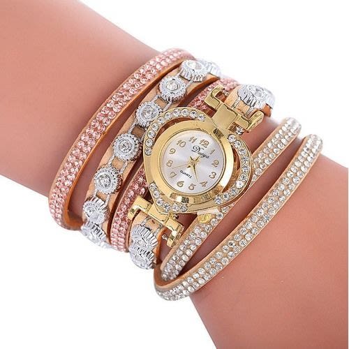 Women Studded Watch With Love Bracelet Band- Gold