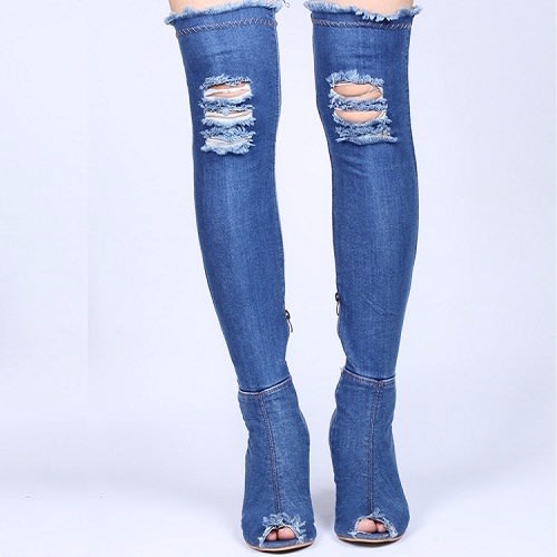 Over The Knee Thigh Denim High Heel Boots - Blue