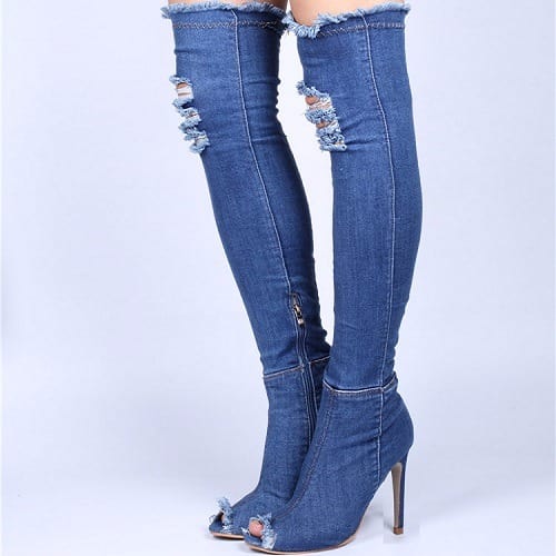 Over The Knee Thigh Denim High Heel Boots - Blue