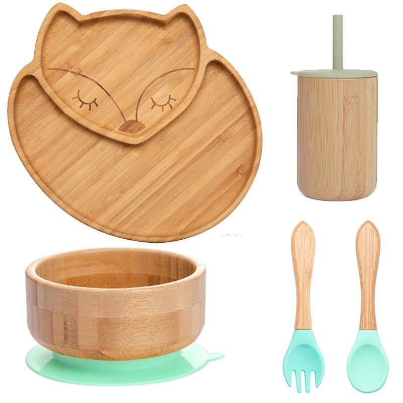 5Pcs Baby Non-Slip Tableware With Suction Plate Fork Spoon