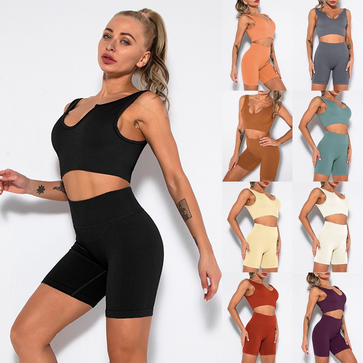 Women Sports Set Ribbed Crop Tops Removable Pad High Waist