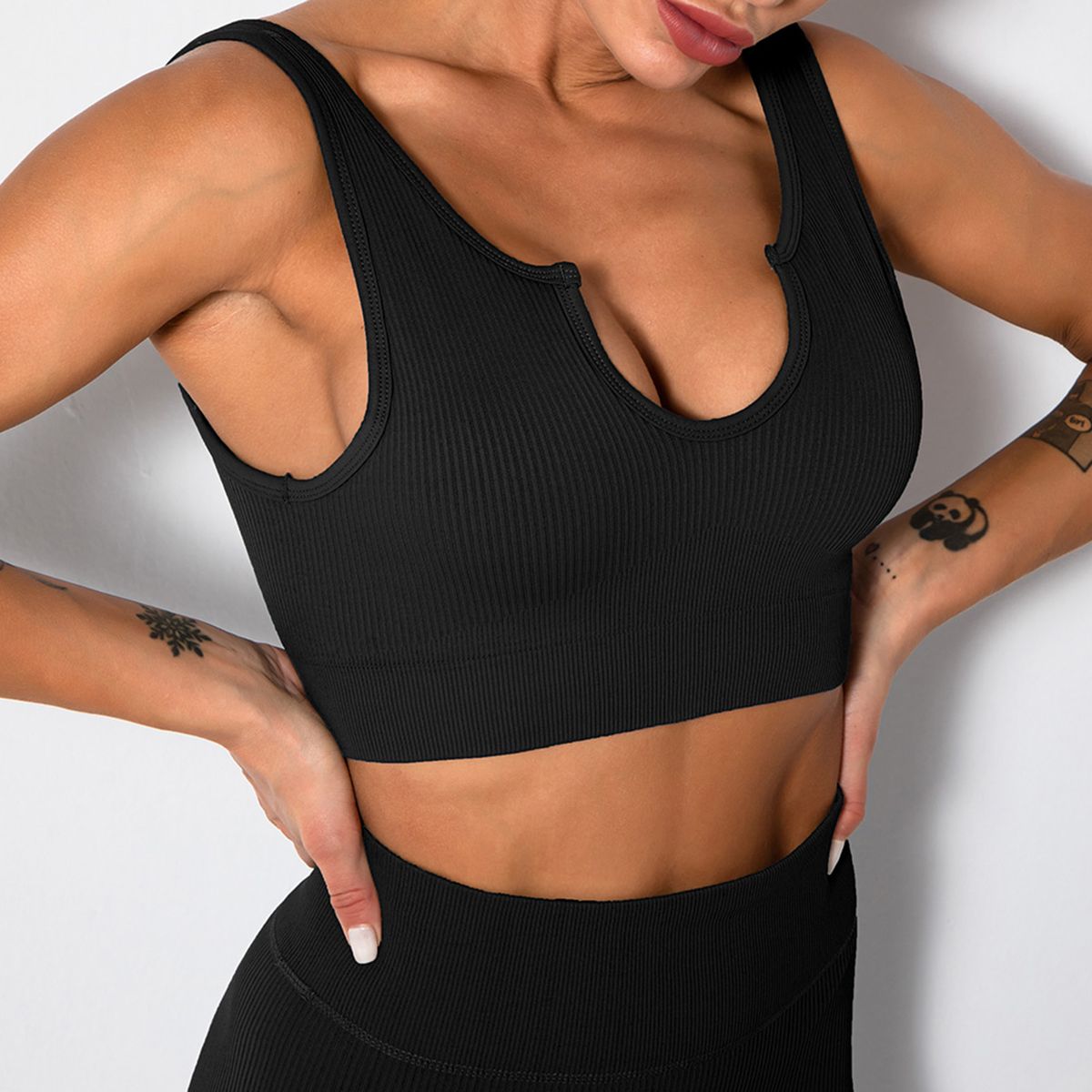 Women Sports Set Ribbed Crop Tops Removable Pad High Waist