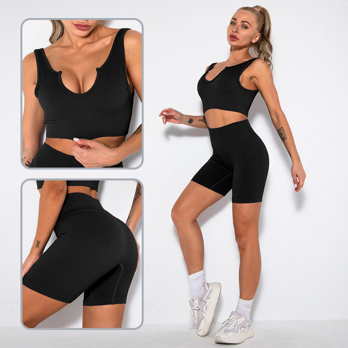Women Sports Set Ribbed Crop Tops Removable Pad High Waist