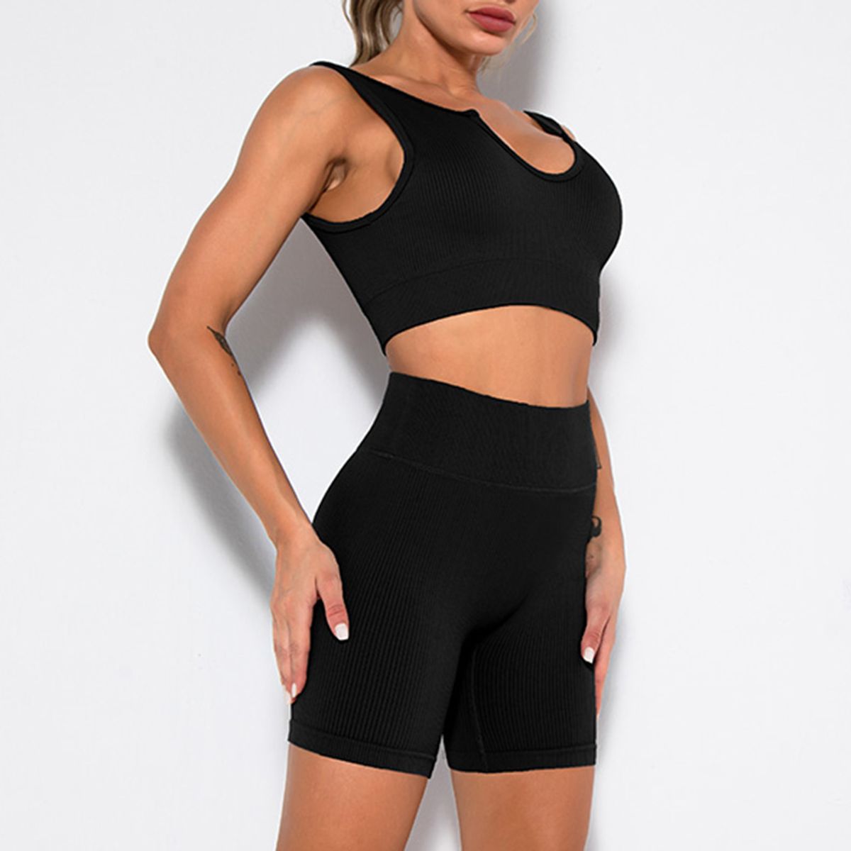 Women Sports Set Ribbed Crop Tops Removable Pad High Waist