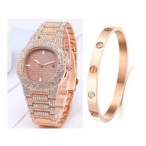 2 In 1 Iced Rhinestone Unisex Wrist Watch- Rose Gold