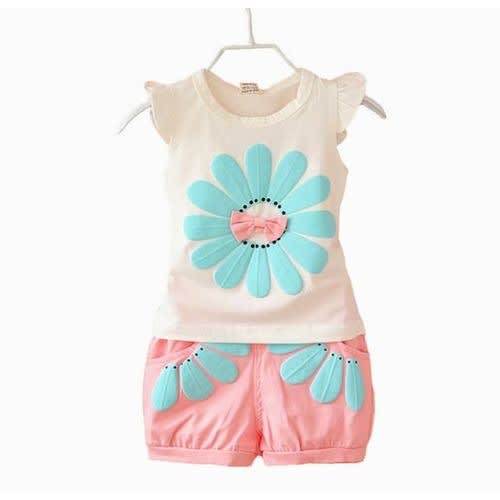 Girl's Petal Top With Short Two Piece Set - Peach