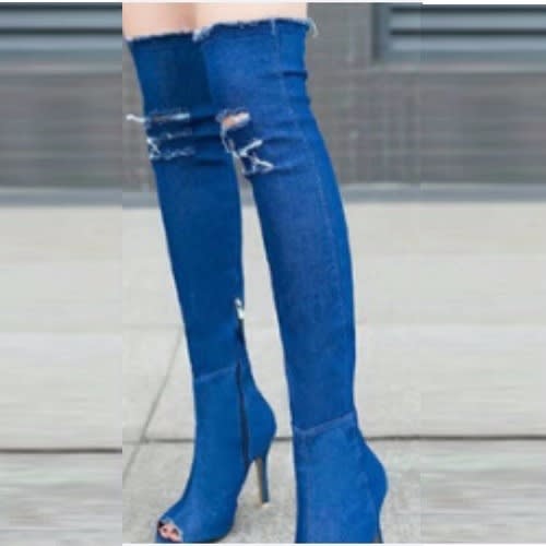 Over The Knee Thigh High Denim High Heel Boots - Blue