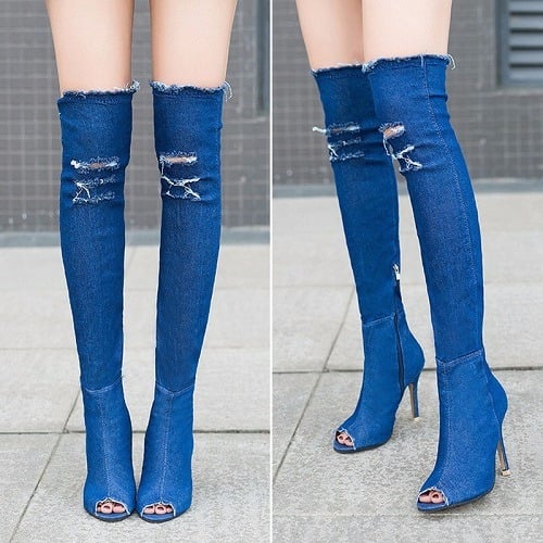 Over The Knee Thigh High Denim High Heel Boots - Blue