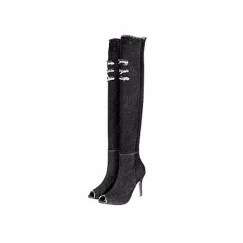 Over The Knee Thigh High Denim High Heel Boots - Black