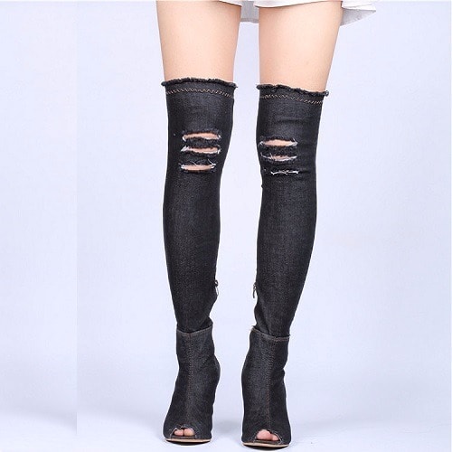 Over The Knee Thigh High Denim High Heel Boots - Black
